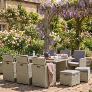 Cube 10 Seater Rattan Garden Dining Set - Light Grey with Polywood Top