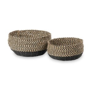 Seagrass Natural and Black Round Baskets Set of 2