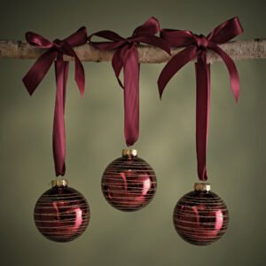 Varde 8cm Glass Round Baubles - Set of 3 - Burgundy Red Swirls