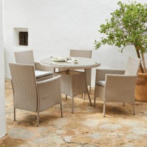 Kemble 4 Seater Round Rattan Garden Dining Set with Kemble/Marston Dining Chairs - Light Grey