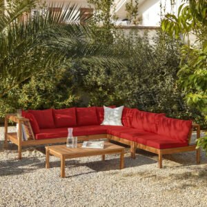 Dakota 6 Seater Wooden Corner Sofa Set - Natural Acacia with Red Cushions